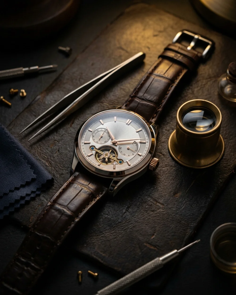 A Chrono Merit automatic watch photographed with watchmaking tools on a dark surface