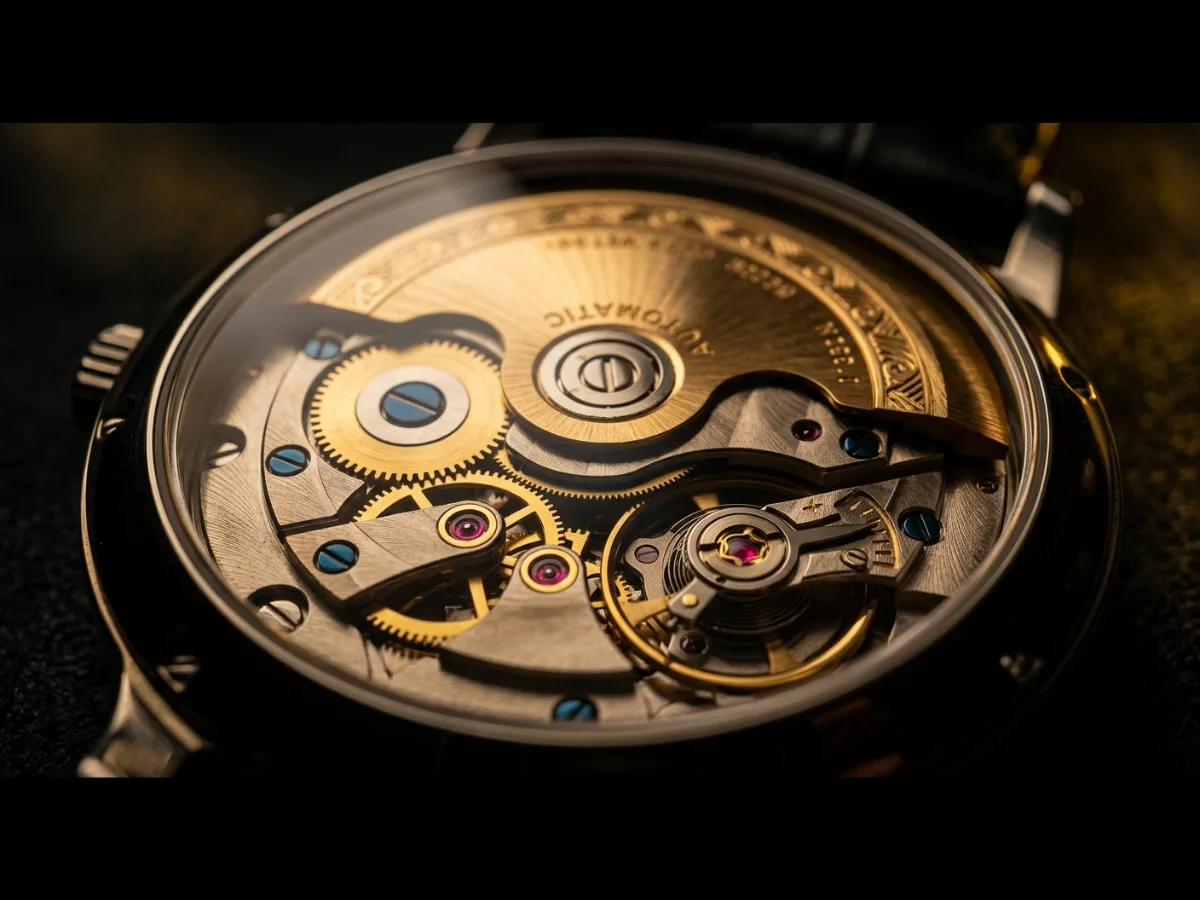 Automatic movement seen through a Chrono Merit exhibition caseback