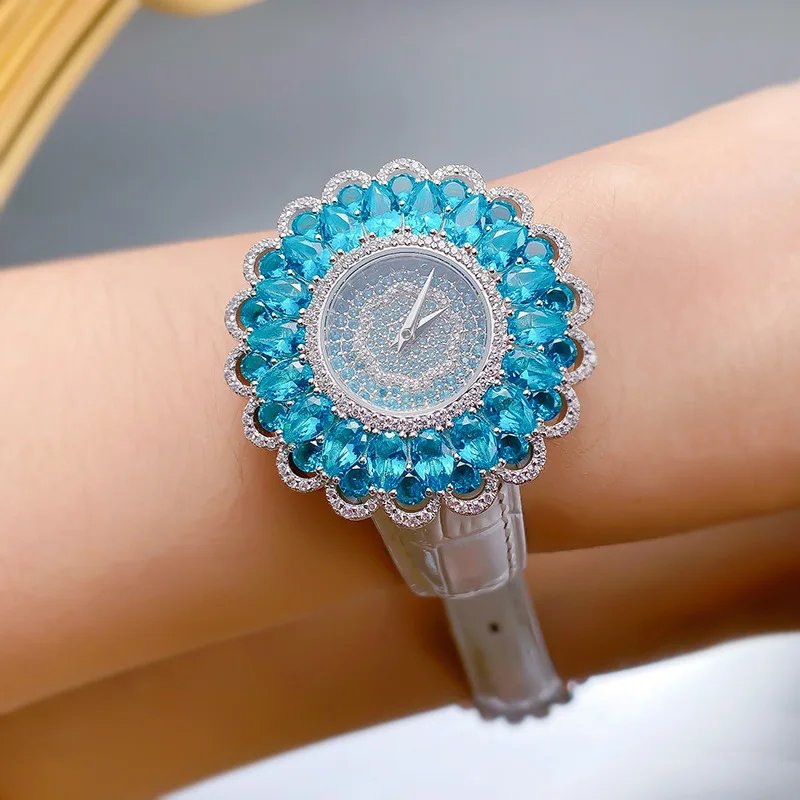 ZOCA Watch Luxury Bling High Quality Paraiba Turmaline Gemstones Watch Bracelets For Women Clock