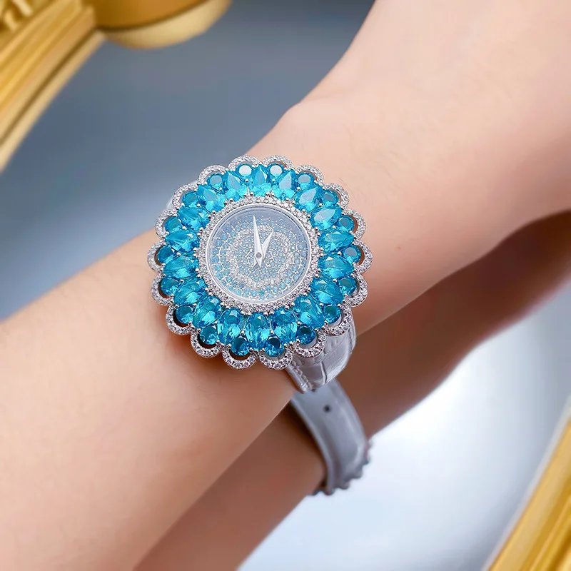ZOCA Watch Luxury Bling High Quality Paraiba Turmaline Gemstones Watch Bracelets For Women Clock