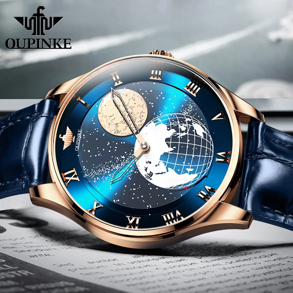 OUPINKE Moon Phase Watch for Men 3D Earth Starry Star Rotating Dial Automatic Mechanical Watches Luxury Brand Men's Moonswatch