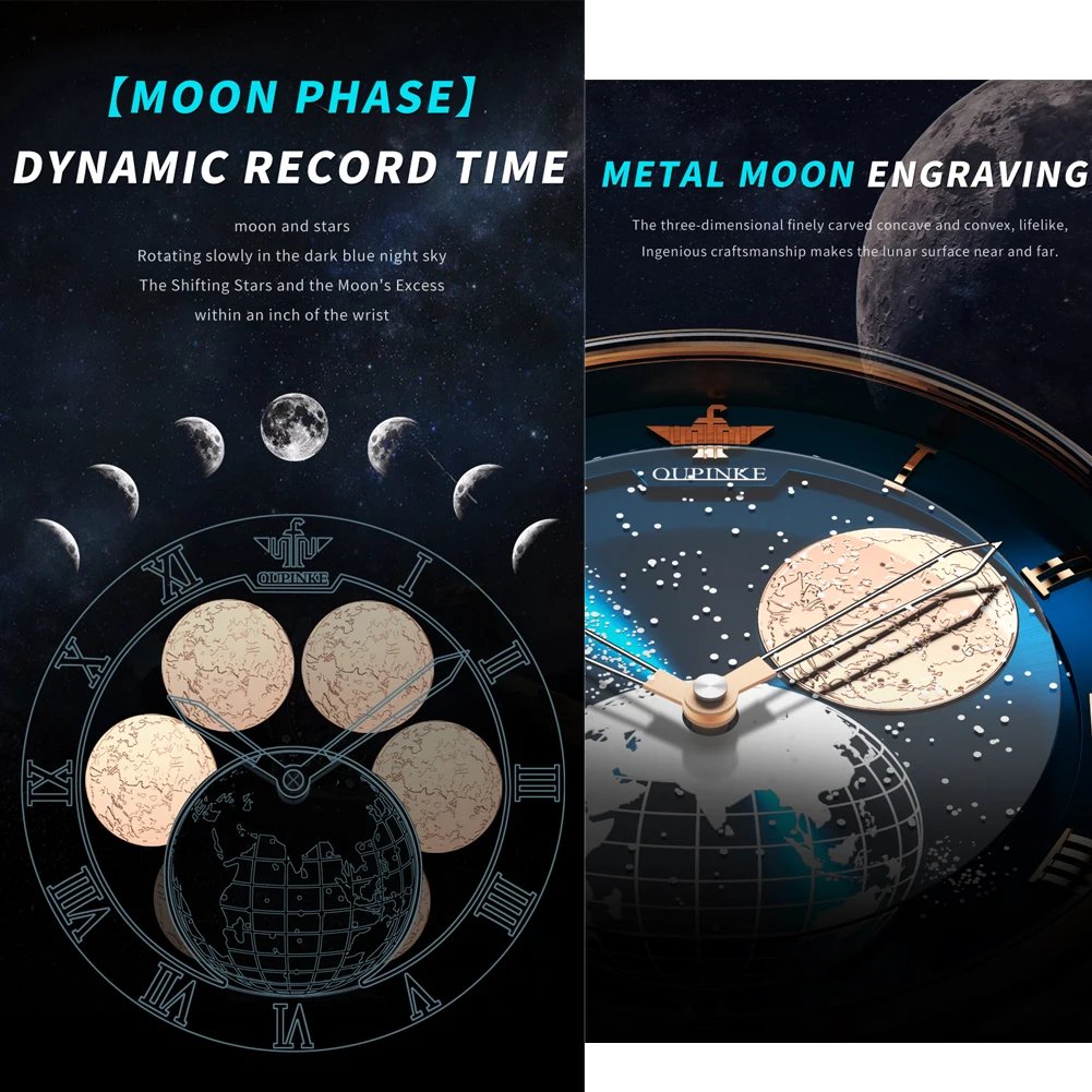 OUPINKE Moon Phase Watch for Men 3D Earth Starry Star Rotating Dial Automatic Mechanical Watches Luxury Brand Men's Moonswatch