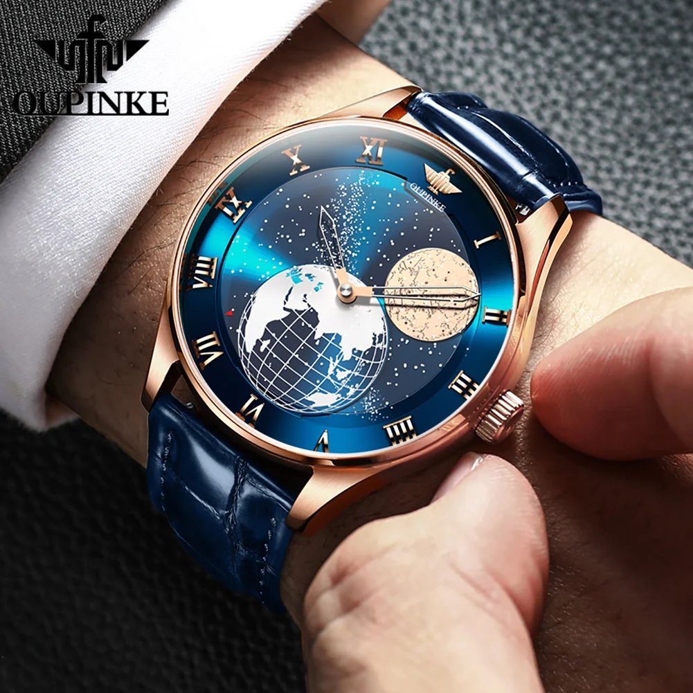 OUPINKE Moon Phase Watch for Men 3D Earth Starry Star Rotating Dial Automatic Mechanical Watches Luxury Brand Men's Moonswatch