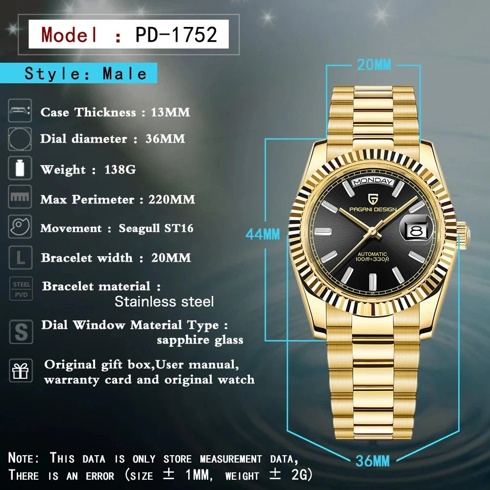 2025 New PAGANI DESIGN DD36 Mens Mechanical Watches Gold Luxury Automatic Watch For Men AR Sapphire Mirror Waterproof Gift Clock