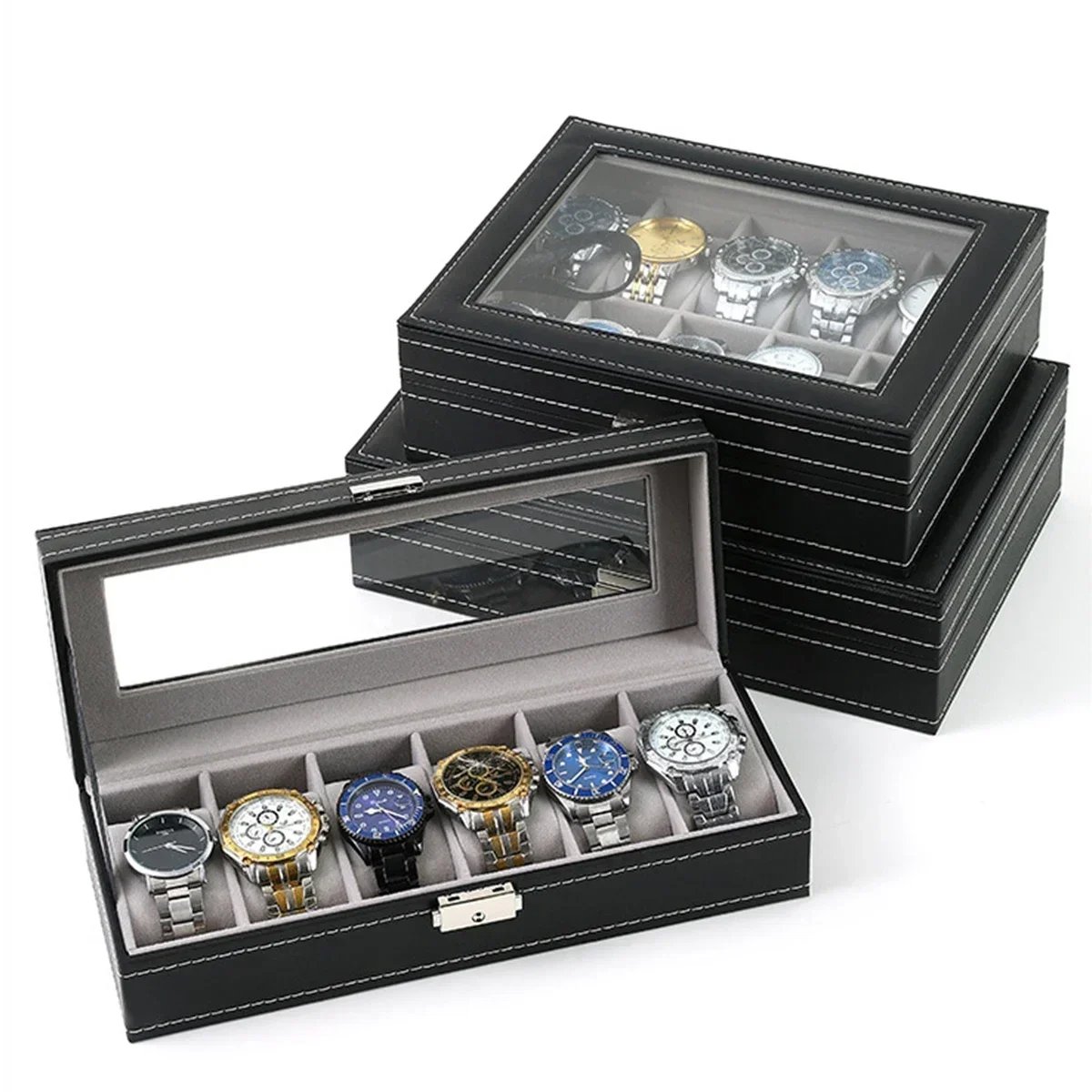 PU Leather watch box 2/3/4/5/6/8/10/12 Slots Watch Display Case For Men Organizer Jewelry Storage Box With Glass Top For Gifts