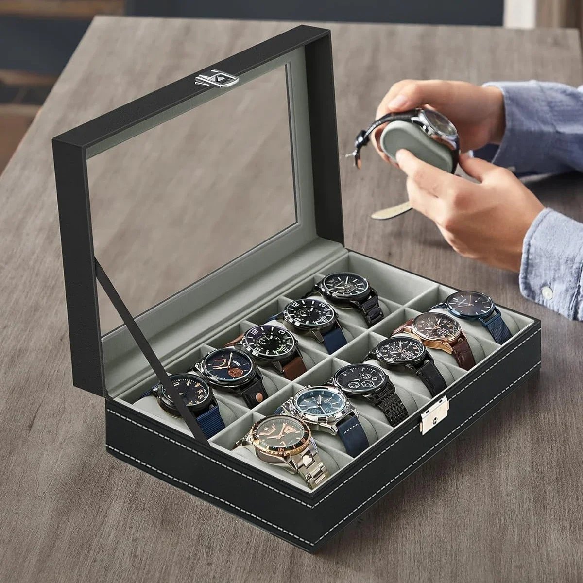 PU Leather watch box 2/3/4/5/6/8/10/12 Slots Watch Display Case For Men Organizer Jewelry Storage Box With Glass Top For Gifts