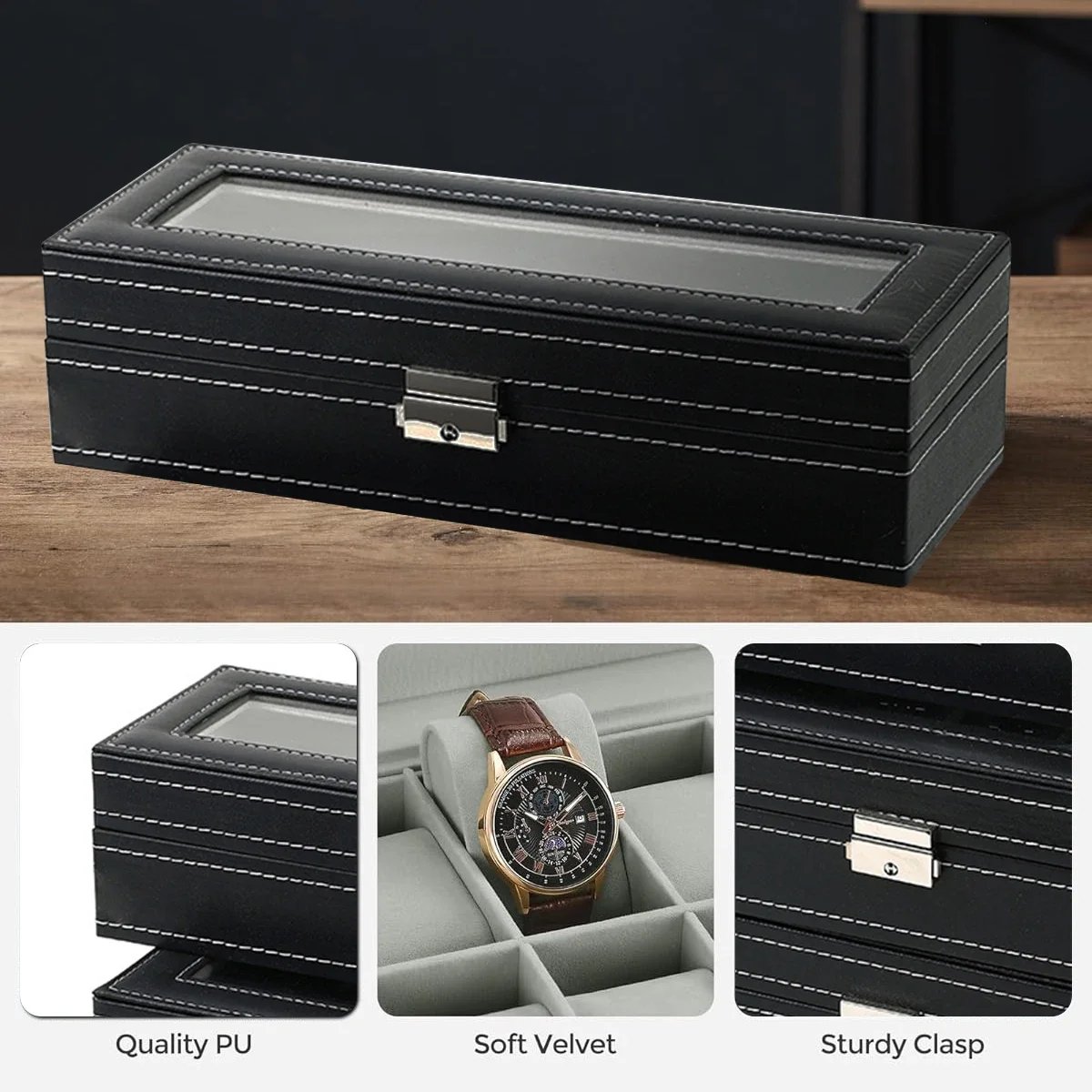 PU Leather watch box 2/3/4/5/6/8/10/12 Slots Watch Display Case For Men Organizer Jewelry Storage Box With Glass Top For Gifts