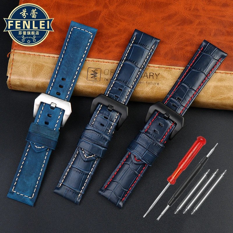 High quality Waterproof Watch band For Panerai PAM688 441/1313 Cowhide Leather Men's blue Watch Strap accessories 22MM 24mm 26mm