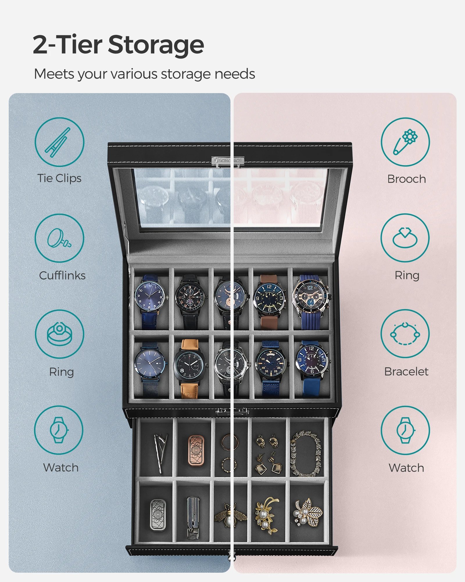 SONGMICSHOME Watch Box Black Synthetic Leather 20-Slot Watch Case with Glass Lid 2 Layers Lockable Watch Display Case