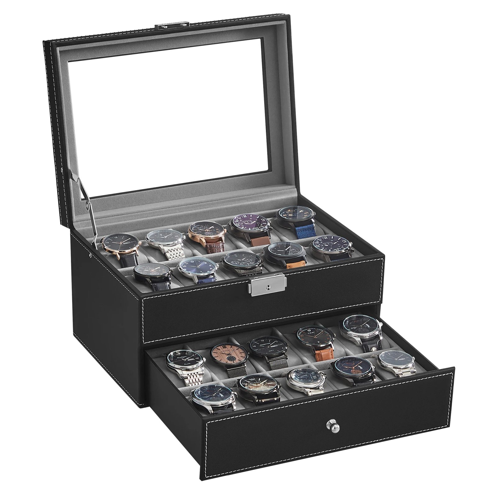 SONGMICSHOME Watch Box Black Synthetic Leather 20-Slot Watch Case with Glass Lid 2 Layers Lockable Watch Display Case