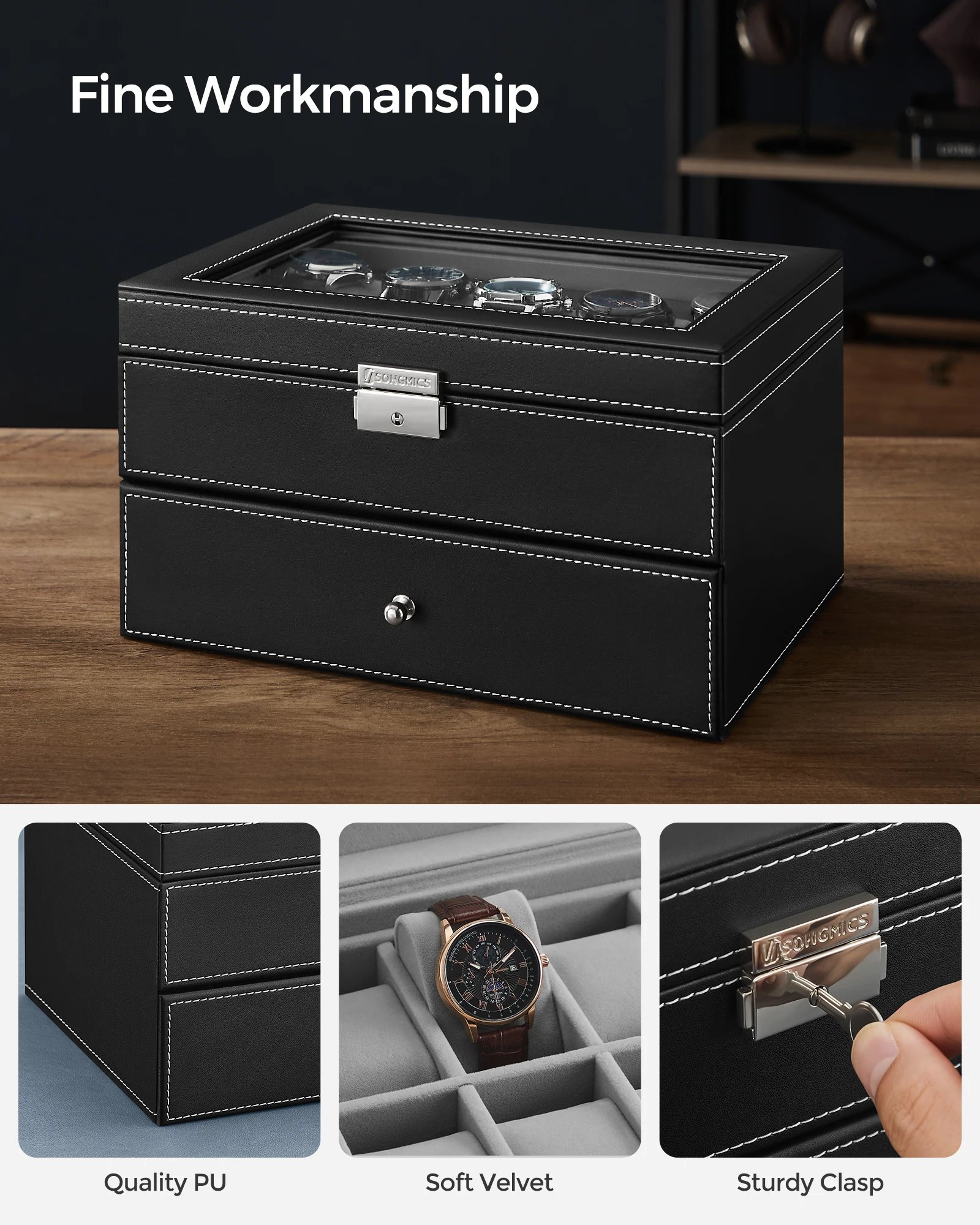 SONGMICSHOME Watch Box Black Synthetic Leather 20-Slot Watch Case with Glass Lid 2 Layers Lockable Watch Display Case