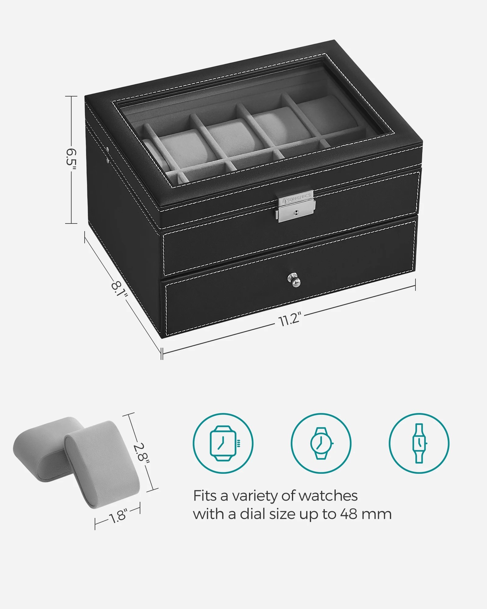 SONGMICSHOME Watch Box Black Synthetic Leather 20-Slot Watch Case with Glass Lid 2 Layers Lockable Watch Display Case