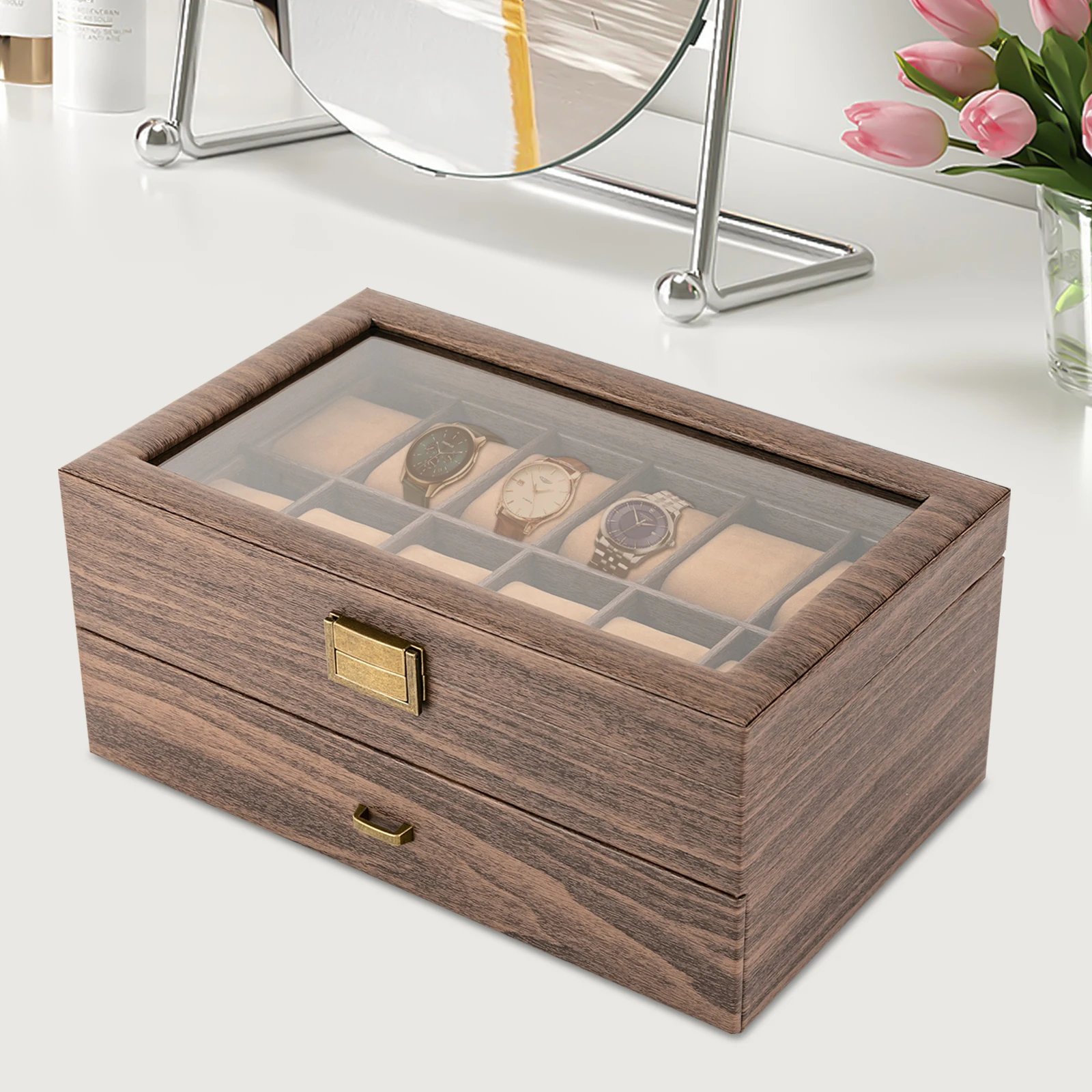 24 Bit Watch Box, 2-Tier Retro Rustic Wooden Watch Box Organizer for Men And Women