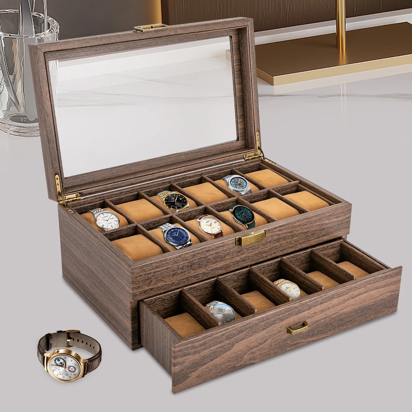 24 Bit Watch Box, 2-Tier Retro Rustic Wooden Watch Box Organizer for Men And Women