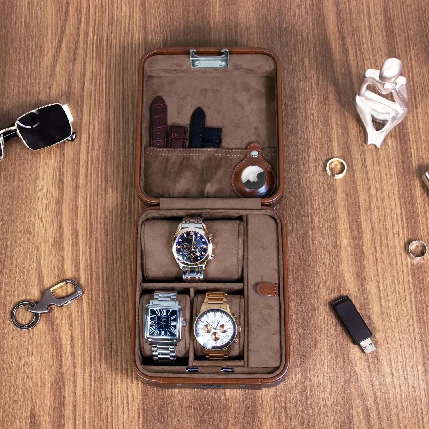 Combination Lock Watch Box - Travel Storage Case for Watches and Jewelry - Accommodates Locator, PU Leather Travel Watch Case