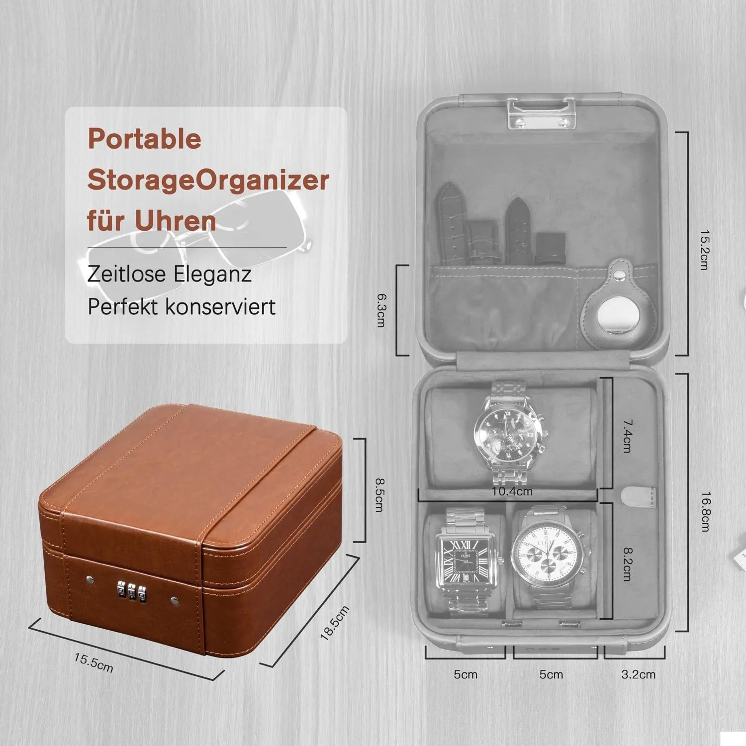 Combination Lock Watch Box - Travel Storage Case for Watches and Jewelry - Accommodates Locator, PU Leather Travel Watch Case