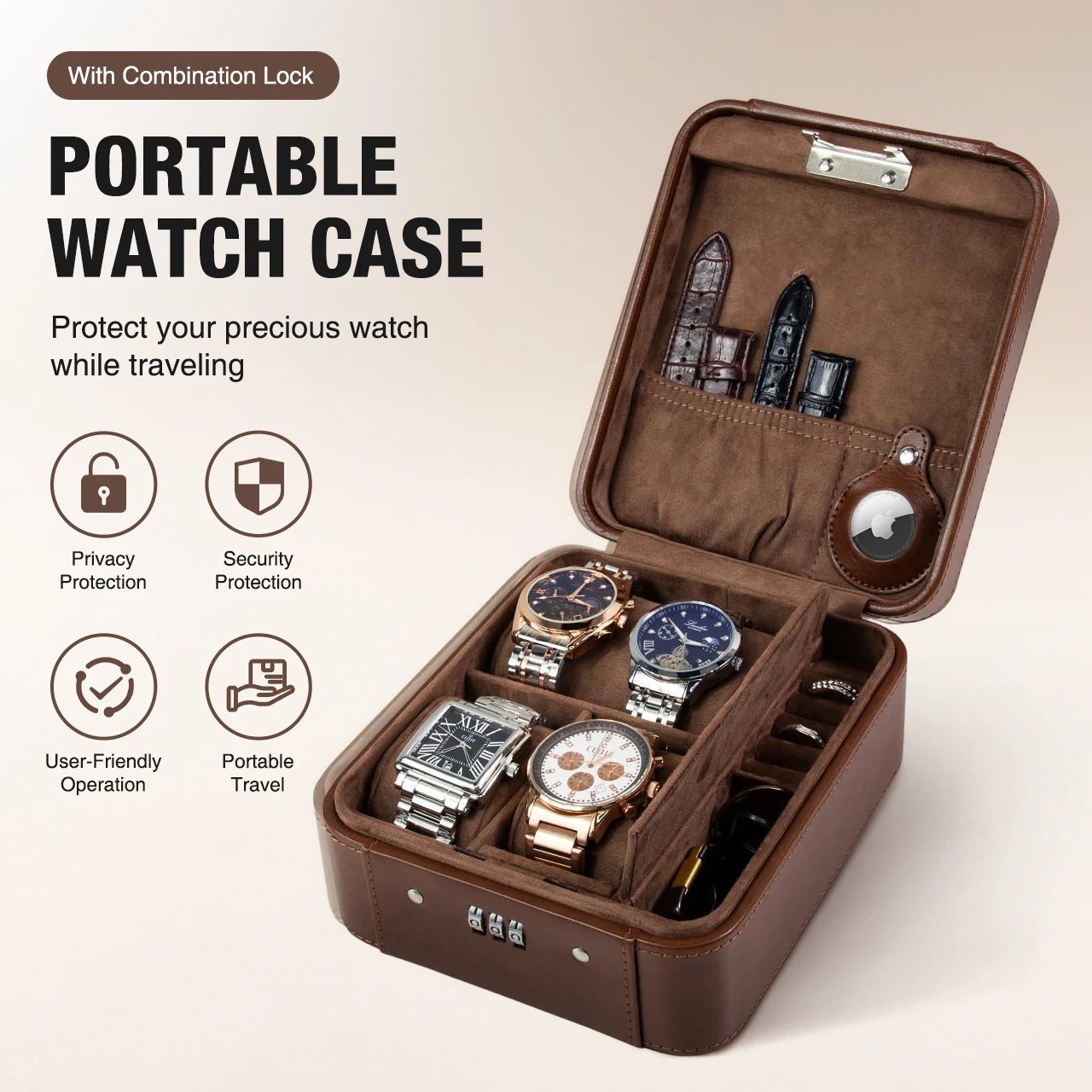 Combination Lock Watch Box - Travel Storage Case for Watches and Jewelry - Accommodates Locator, PU Leather Travel Watch Case
