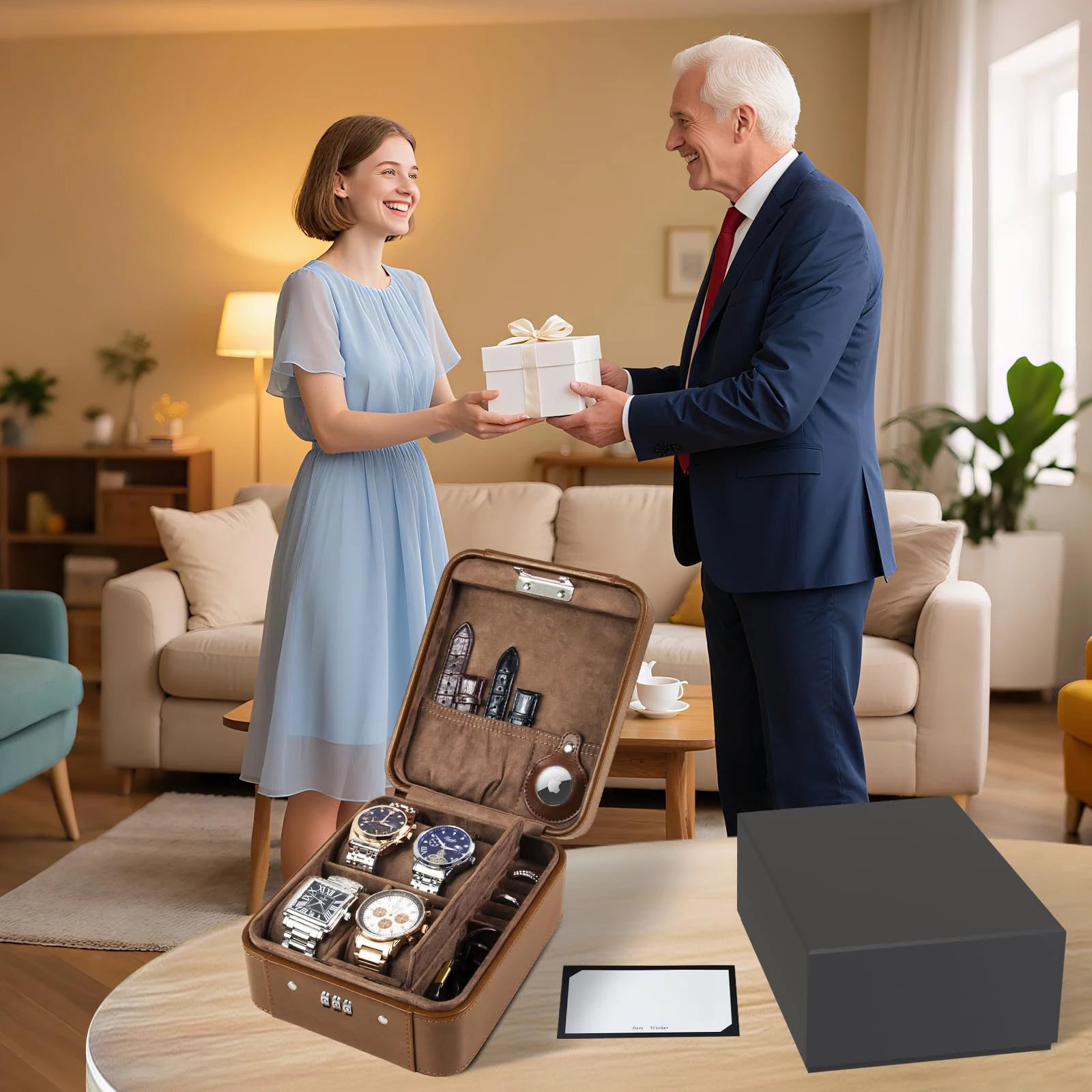 Combination Lock Watch Box - Travel Storage Case for Watches and Jewelry - Accommodates Locator, PU Leather Travel Watch Case