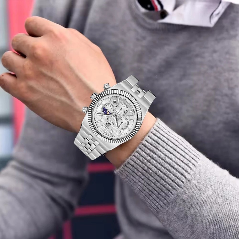 BENYAR New 40MM Original Design Honeycomb Pattern Dial Luxury Men Watch Stainless Steel Quartz watch Chronograph BY-5225