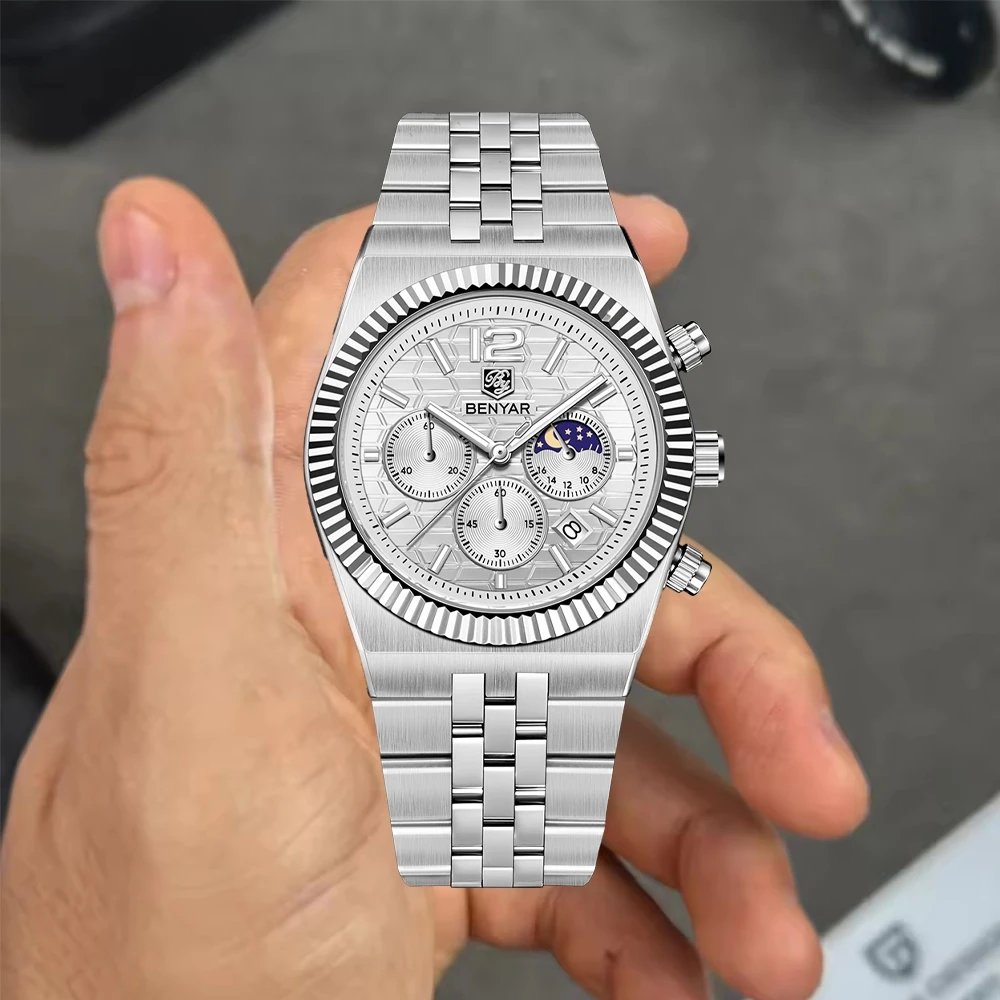 BENYAR New 40MM Original Design Honeycomb Pattern Dial Luxury Men Watch Stainless Steel Quartz watch Chronograph BY-5225