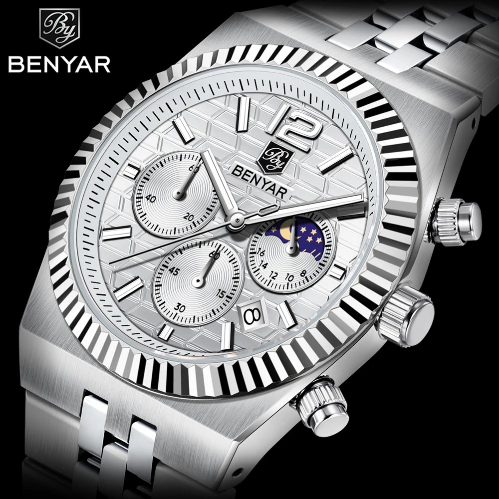 BENYAR New 40MM Original Design Honeycomb Pattern Dial Luxury Men Watch Stainless Steel Quartz watch Chronograph BY-5225