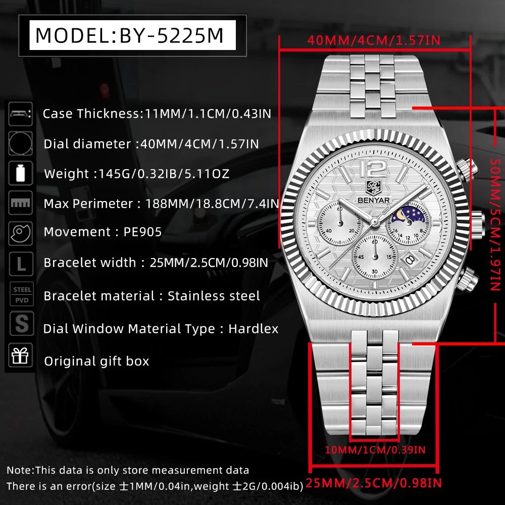 BENYAR New 40MM Original Design Honeycomb Pattern Dial Luxury Men Watch Stainless Steel Quartz watch Chronograph BY-5225