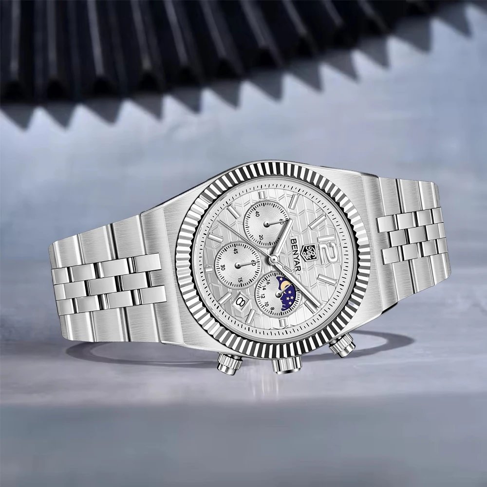 BENYAR New 40MM Original Design Honeycomb Pattern Dial Luxury Men Watch Stainless Steel Quartz watch Chronograph BY-5225