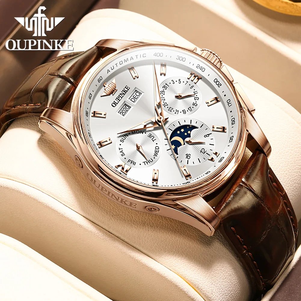 OUPINKE 3189 Automatic Watch for Men Genuine Leather Strap Waterproof Moon Phase Man Watches Luxury Men's Mechanical Wristwatch
