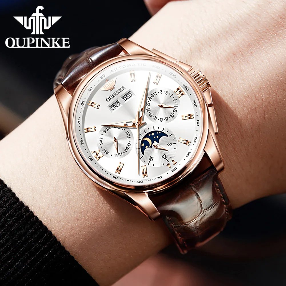 OUPINKE 3189 Automatic Watch for Men Genuine Leather Strap Waterproof Moon Phase Man Watches Luxury Men's Mechanical Wristwatch