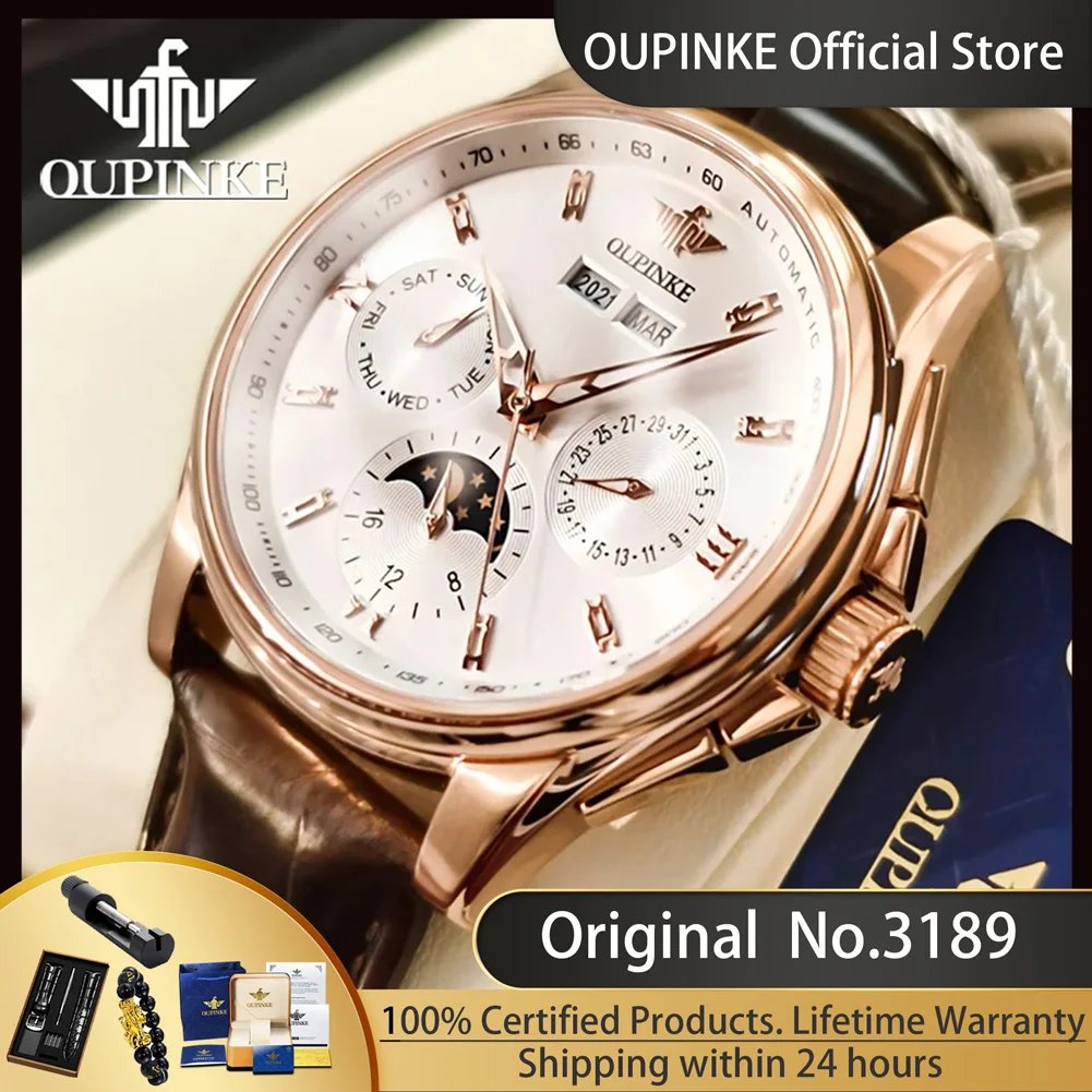 OUPINKE 3189 Automatic Watch for Men Genuine Leather Strap Waterproof Moon Phase Man Watches Luxury Men's Mechanical Wristwatch