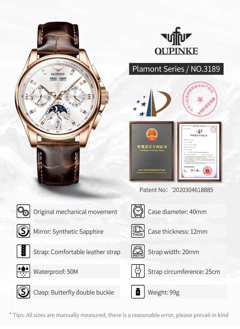 OUPINKE 3189 Automatic Watch for Men Genuine Leather Strap Waterproof Moon Phase Man Watches Luxury Men's Mechanical Wristwatch