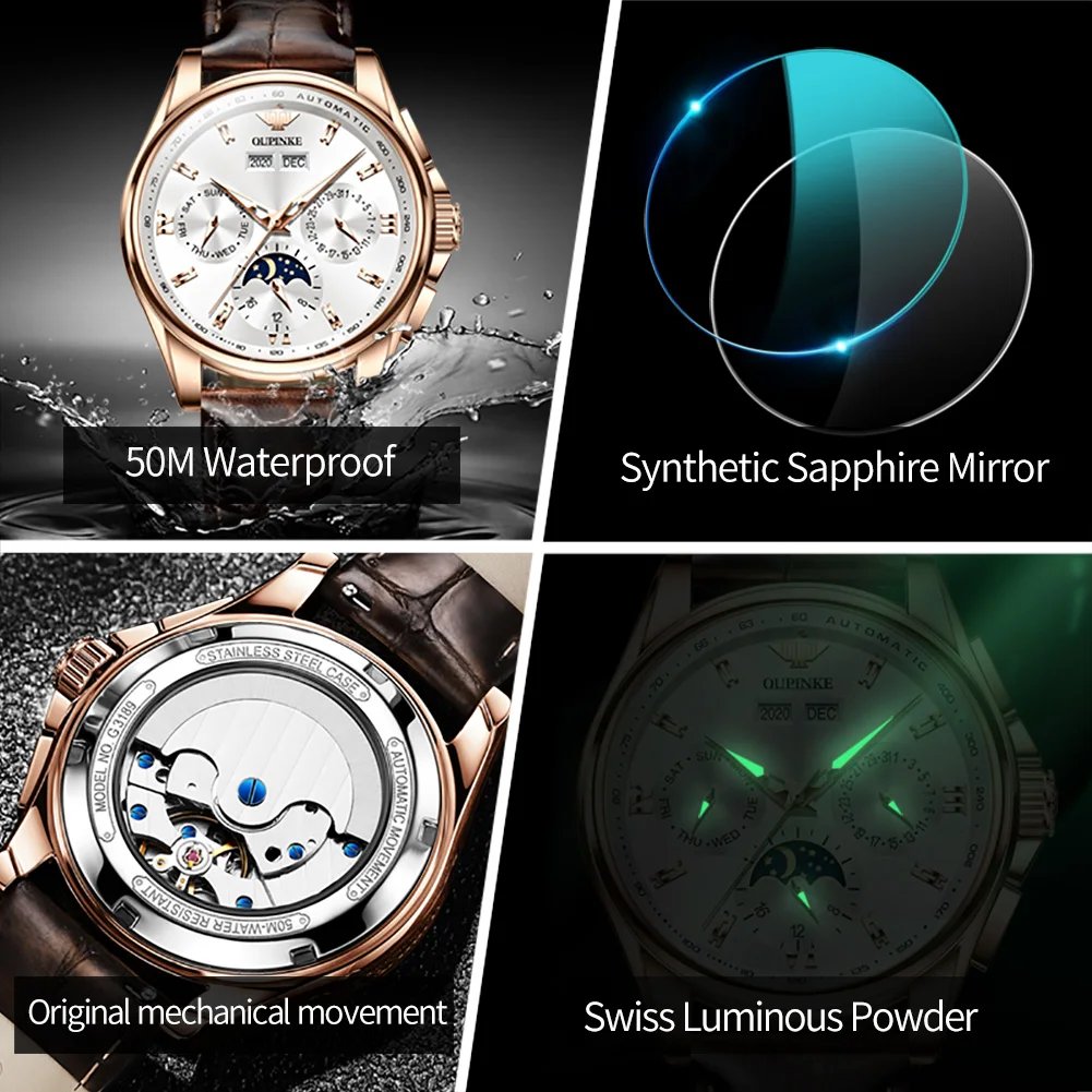 OUPINKE 3189 Automatic Watch for Men Genuine Leather Strap Waterproof Moon Phase Man Watches Luxury Men's Mechanical Wristwatch