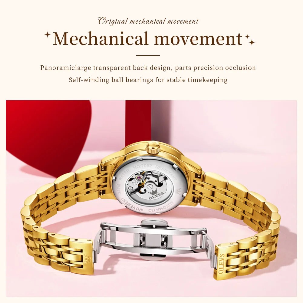 OLEVS 7062 Women's Watches Stainless Steel Luxury Ladies Waterproof Wristwatch Original Automatic Mechanical Watch for Women New