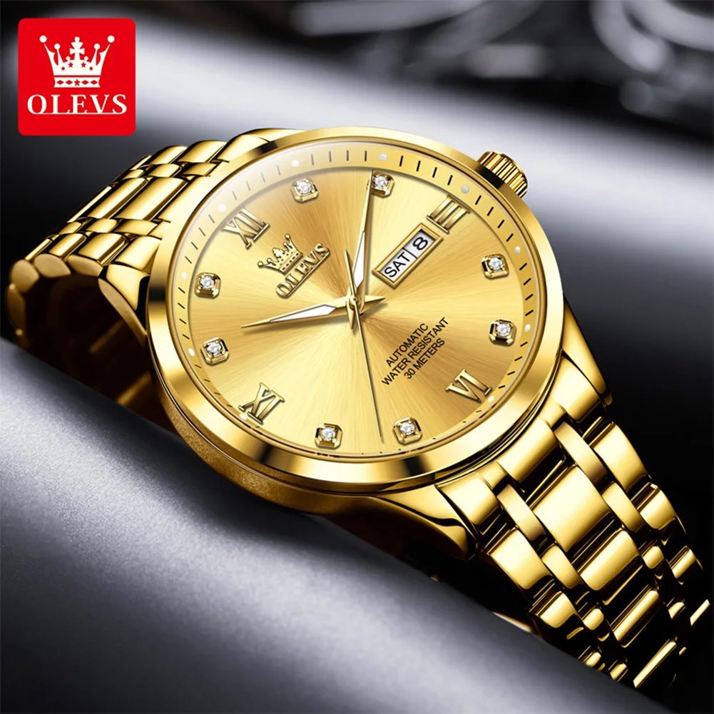 OLEVS 9946 Original Men's Watches Waterproof Luminous Stainless Steel Dual Calendar Business Automatic Mechanical Watch for Man