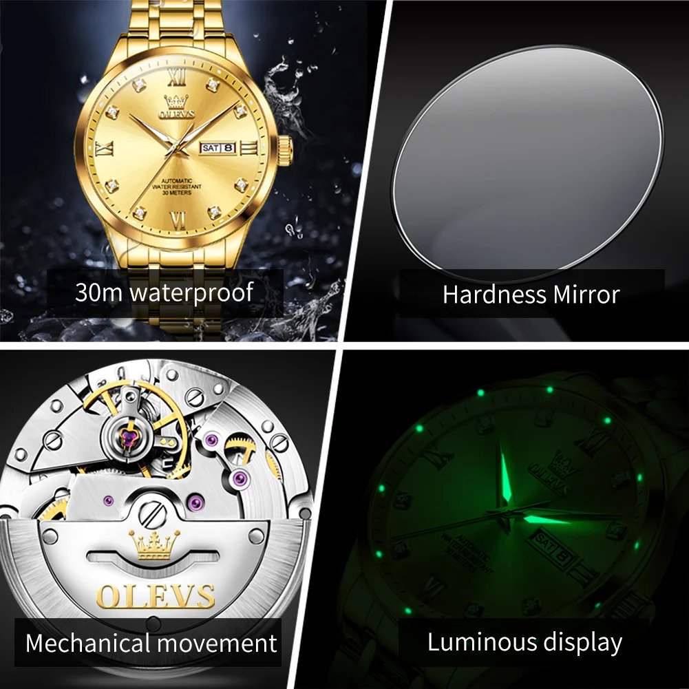 OLEVS 9946 Original Men's Watches Waterproof Luminous Stainless Steel Dual Calendar Business Automatic Mechanical Watch for Man