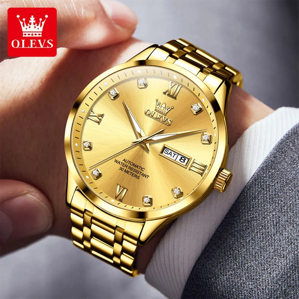 OLEVS 9946 Original Men's Watches Waterproof Luminous Stainless Steel Dual Calendar Business Automatic Mechanical Watch for Man