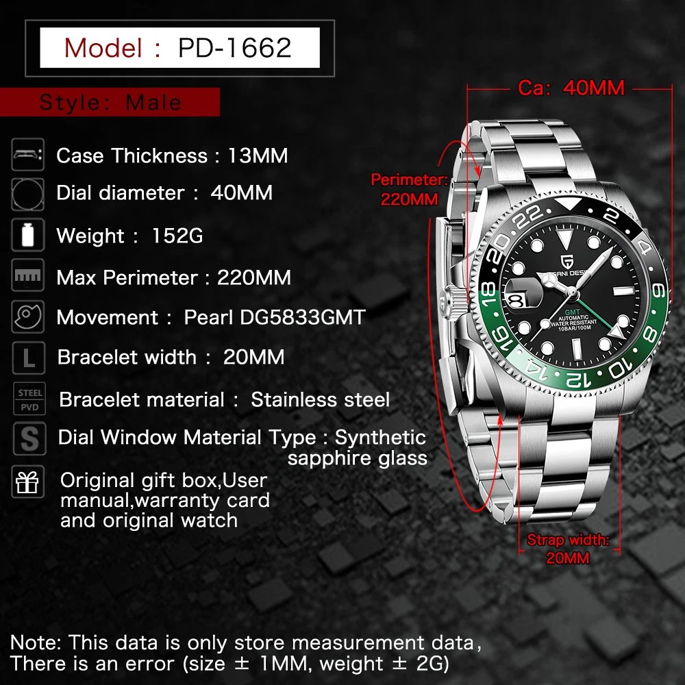 2022 PAGANI DESIGN New Business Left Crown Men Mechanical Wristwatches 100M Waterproof Sapphire Glass PD-1662 GMT Watch for Men