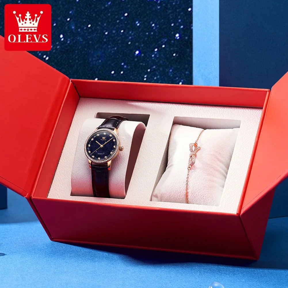 OLEVS Original Brand Fashion Women's watches Starry Sky Dial Quartz Watch for Ladies Elegant Waterproof Bracelet Gift Box Set