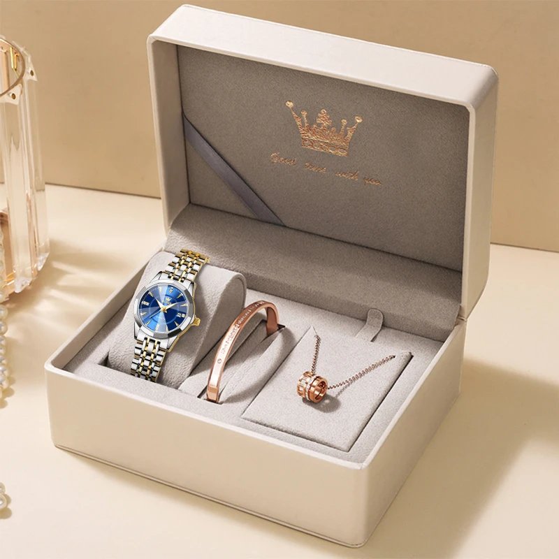 OLEVS Original Brand Elegant Women's Watches Waterproof Luminous Quartz Watch for Lady Necklace Bracelet Gift Box Set Calendar