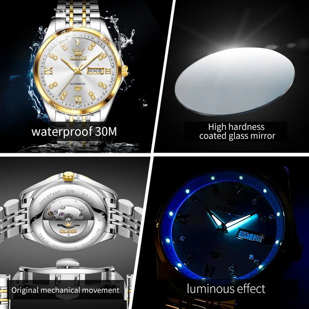 OLVES Diamond Couple Watch Set Original Automatic Mechanical Wristwatch for Men Women Elegant Luxury Dual Calendar Lover's Watch