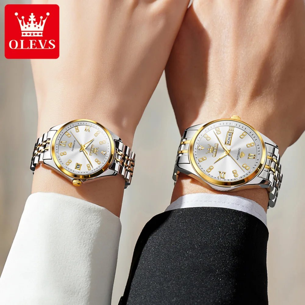 OLVES Diamond Couple Watch Set Original Automatic Mechanical Wristwatch for Men Women Elegant Luxury Dual Calendar Lover's Watch