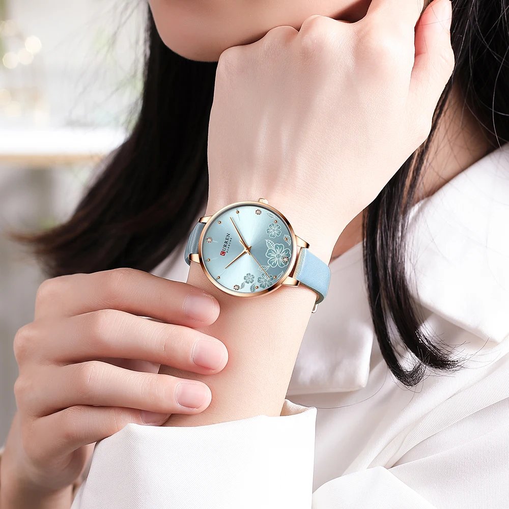 CURREN Watches Women Brand Leather Quartz Wristwatches Luxury Design Clock for Ladies Charm Flowers Dial with box