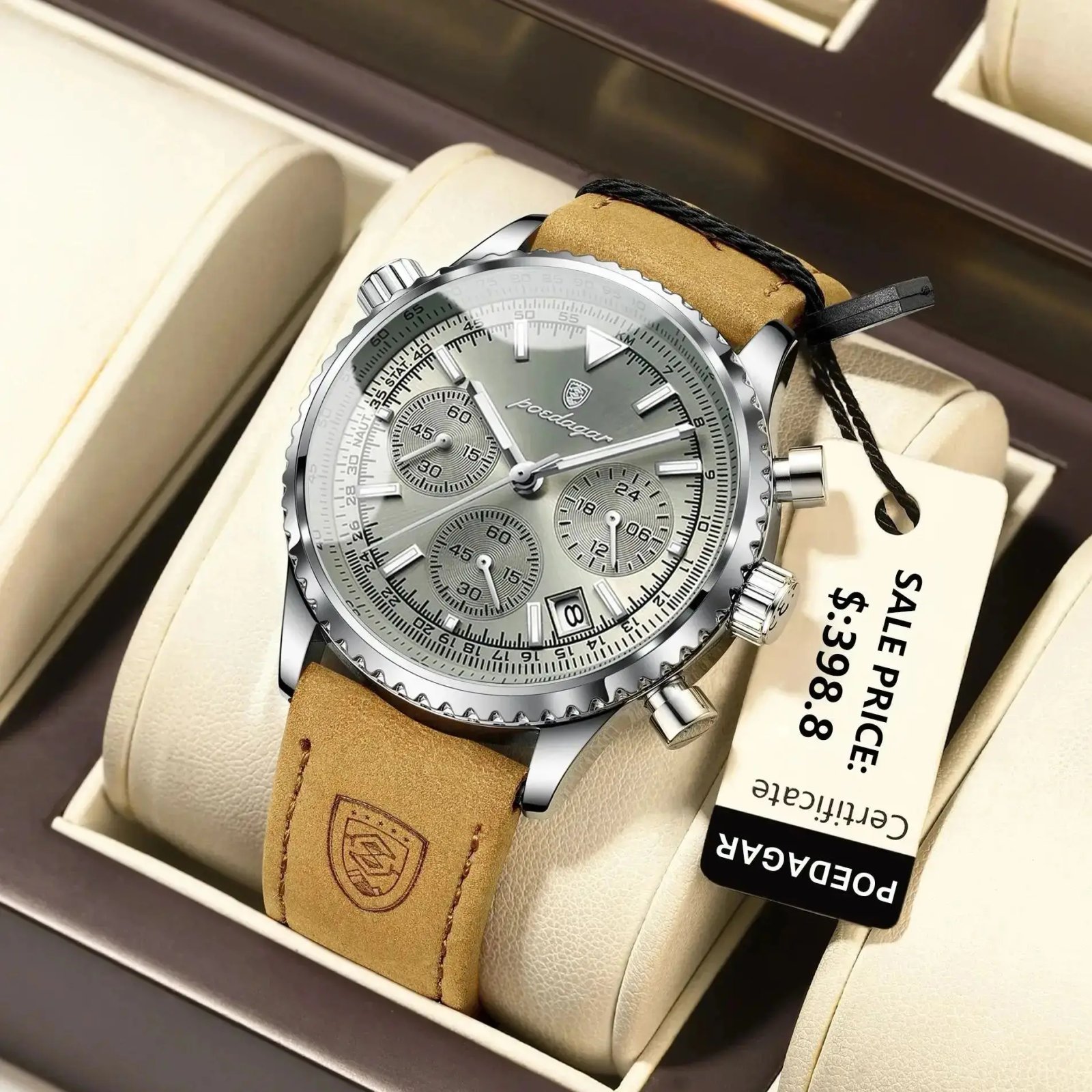 POEDAGAR Fashion High Quality Men Clock Chronograph Waterproof Luminous Calendar Man Wristwatch Leather Quartz Men's Watches+Box