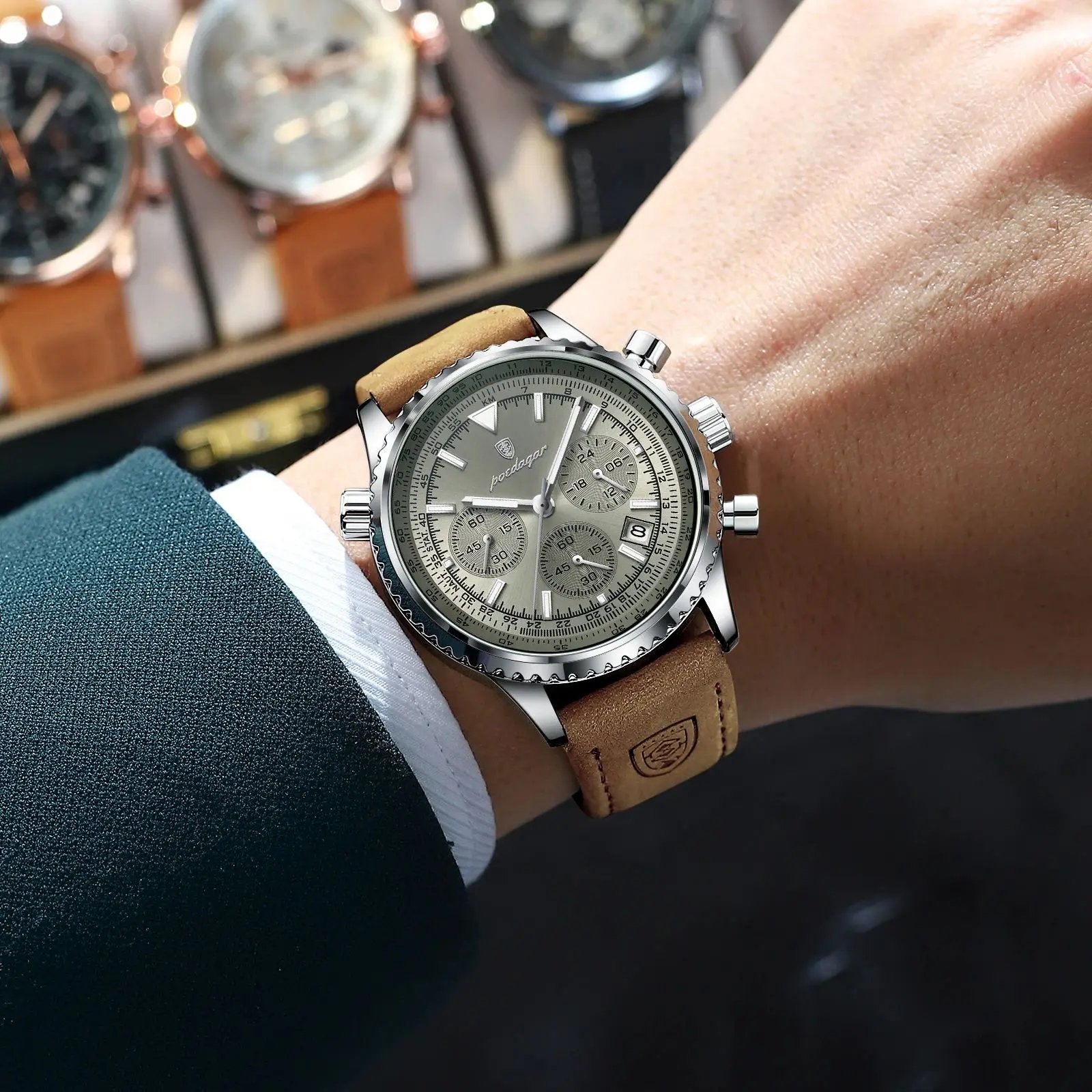 POEDAGAR Fashion High Quality Men Clock Chronograph Waterproof Luminous Calendar Man Wristwatch Leather Quartz Men's Watches+Box