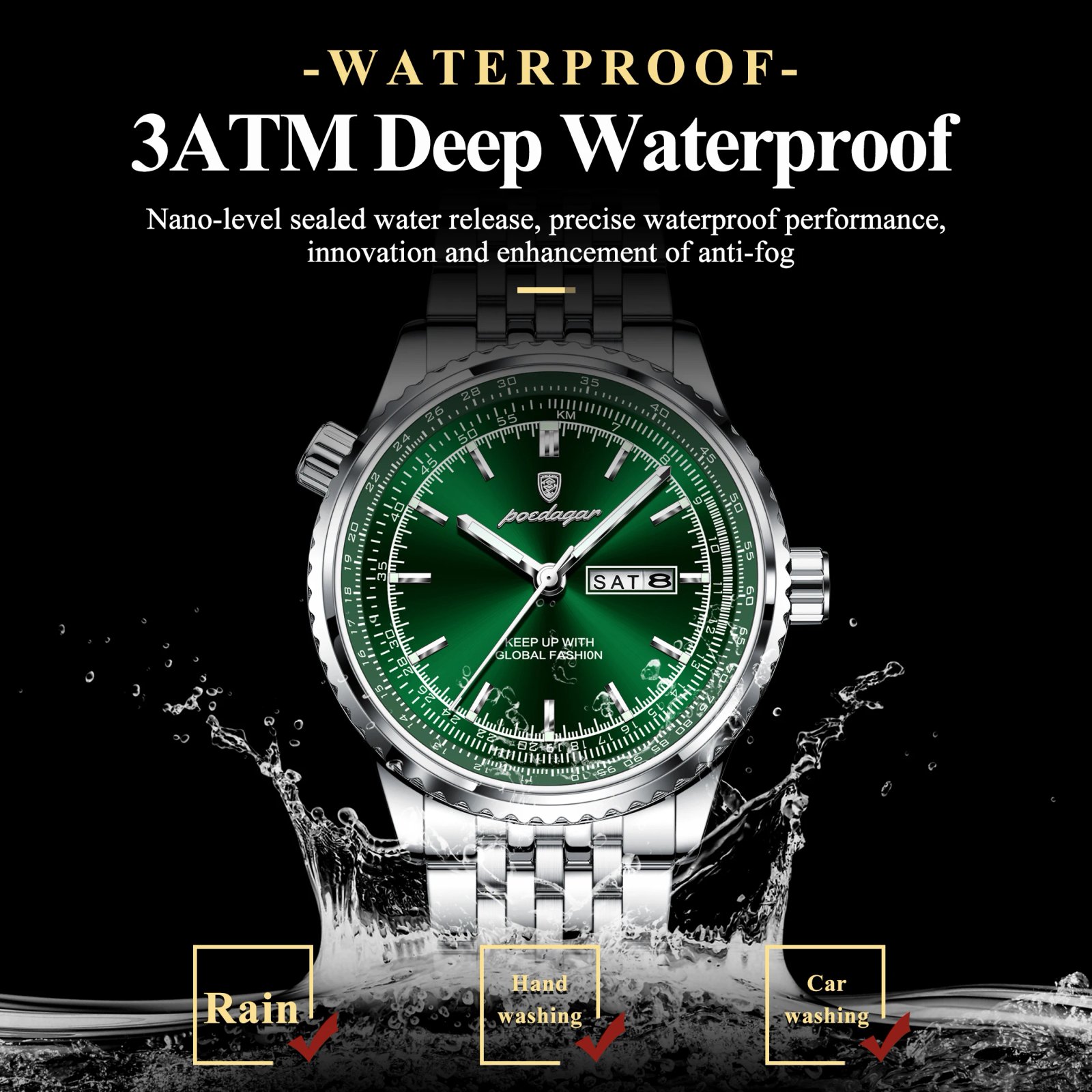 POEDAGAR Luxury Watch For Man Stainless Steel Date Week Quartz Men Clock Waterproof Luminous Military High Quality Men's Watches