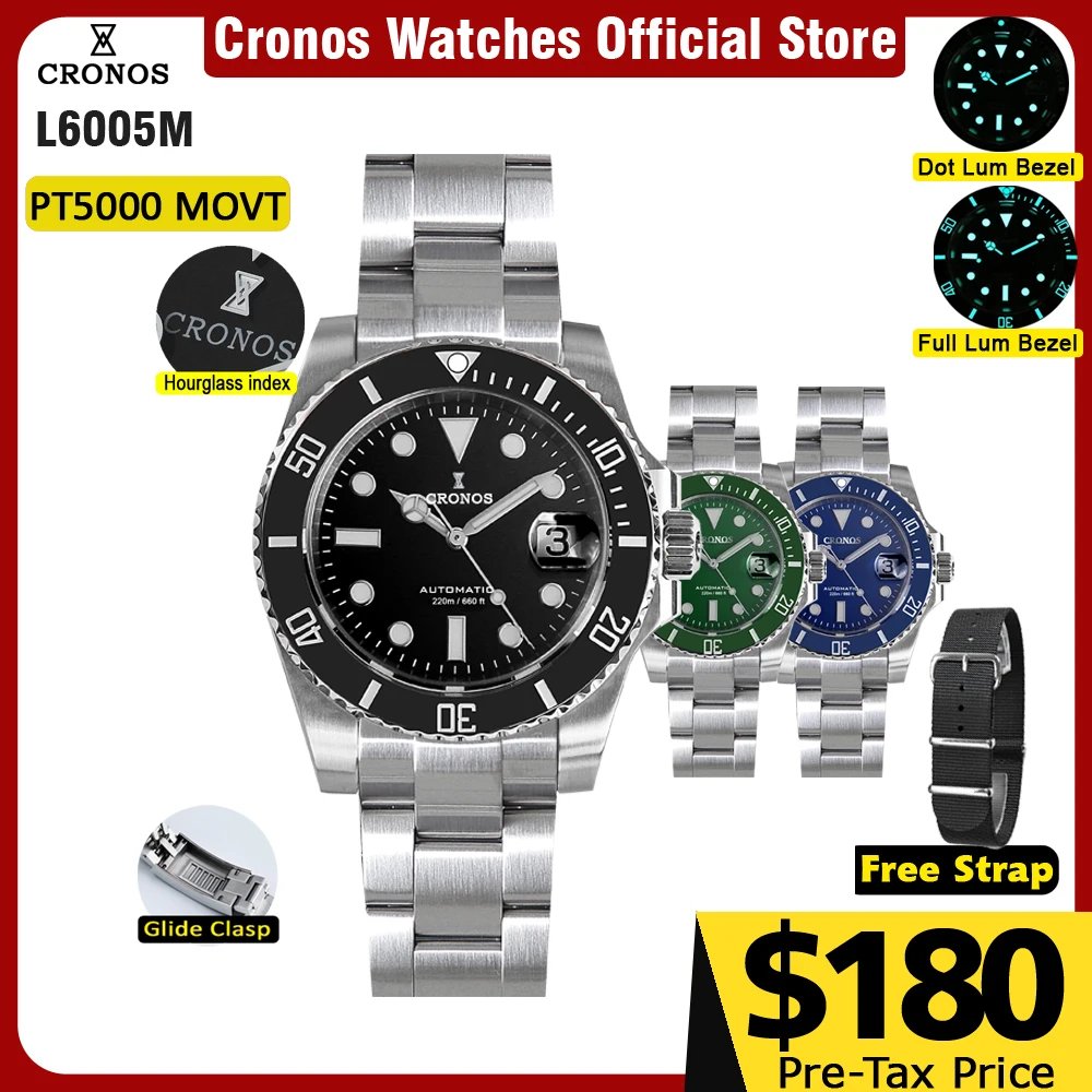 Cronos Sub Diver Men Watch Stainless Steel PT5000 Bracelet Ceramic Bezel 200 meters Water Resistant Glideclasp L6005 V3