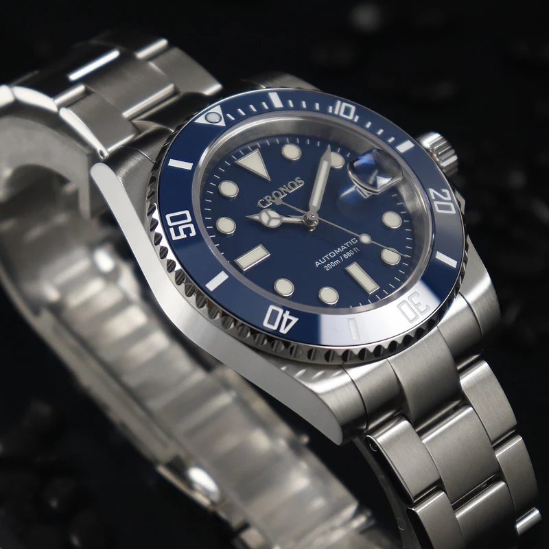 Cronos Sub Diver Men Watch Stainless Steel PT5000 Bracelet Ceramic Bezel 200 meters Water Resistant Glideclasp L6005 V3