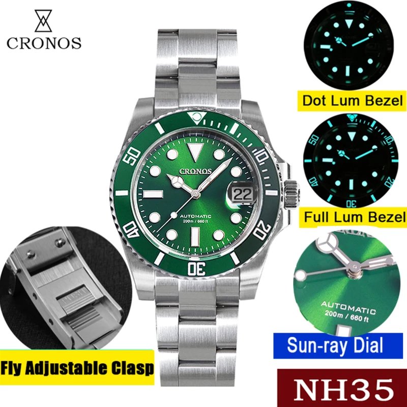 Cronos Sub Diver Men Luxury Business Watches NH35 Automatic Mechanical Watch Sapphire 200m Waterproof Adjustable Clasp L6015