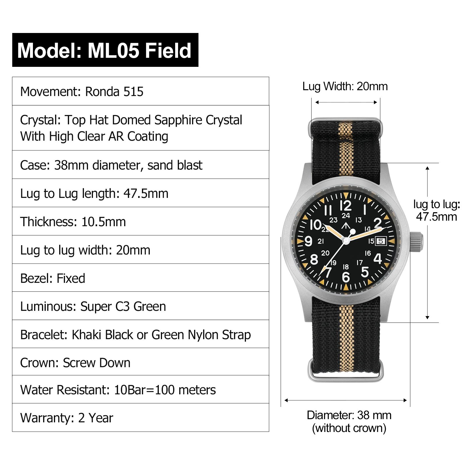 Militado ML05 Ronda 515 Movement Field Watches Domed Sapphire Crystal With High Clear AR Coating Wristwatch 38mm Vintage Watches
