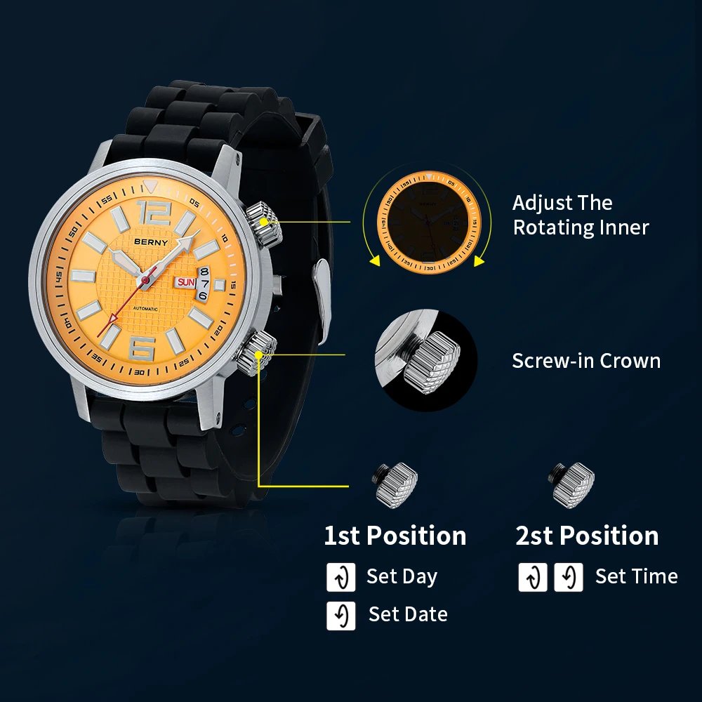 BERNY 20ATM Diver Automatic Mechanical Watch for Men Super Luminous Waterproof Swimming Dive Wristwatch Sapphire Self Winding
